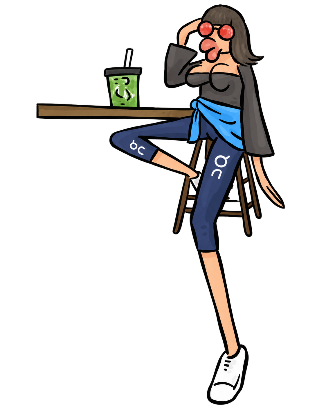 Playful hand-drawn character relaxing by a café table